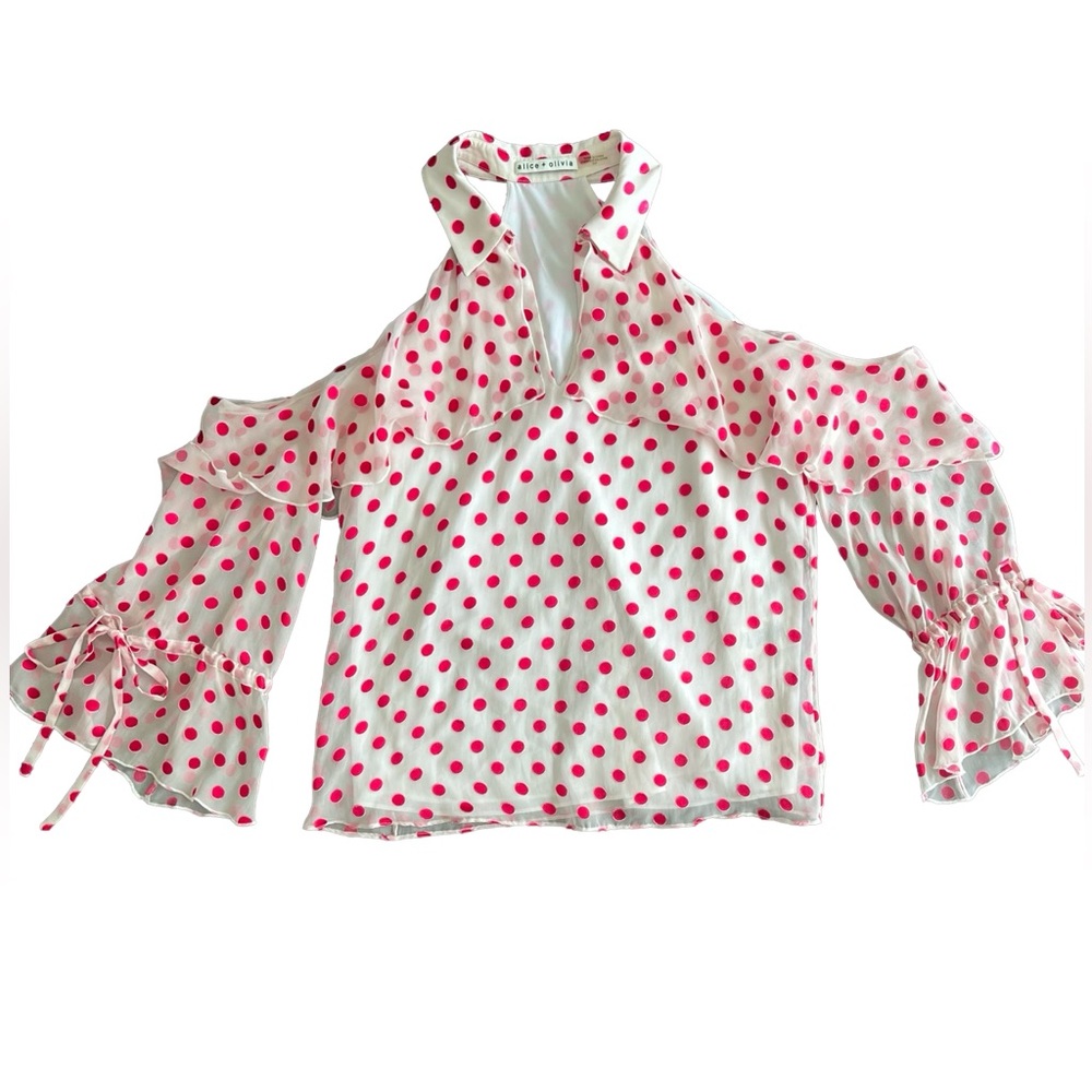 Alice + Olivia Blayne Cold Shoulder Ruffle Blouse Sz S Pink Polka Dot - Picture 2 of 5